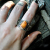 Size 7.5-8, Webbed magic, Fire Opal, Sterling and Fine Silver Ring