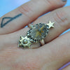 BLEMISHED, Size 6, Moon&Star ring, Golden Star Rutile Quartz, Sterling and Fine Silver