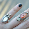 Size 4.5 and 4.75, Moon&Star sets, Confetti Sunstone and Morganite, Sterling and Fine Silver and Brass