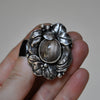Size 7.5, Prickings, Rabbit Hair Quartz and clover, Sterling and Fine Silver