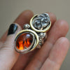 Size 8 - October Sky - Amber Serpent Ring, Sterling and Fine Silver and Brass