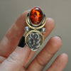 Size 8 - October Sky - Amber Serpent Ring, Sterling and Fine Silver and Brass