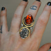 Size 8 - October Sky - Amber Serpent Ring, Sterling and Fine Silver and Brass