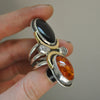 BLEMISHED - Size 8-8.5 - Gravedigger, Amber and Onyx, Sterling and Fine Silver Ring