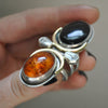 BLEMISHED - Size 8-8.5 - Gravedigger, Amber and Onyx, Sterling and Fine Silver Ring