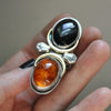 BLEMISHED - Size 8-8.5 - Gravedigger, Amber and Onyx, Sterling and Fine Silver Ring