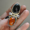 BLEMISHED - Size 8-8.5 - Gravedigger, Amber and Onyx, Sterling and Fine Silver Ring