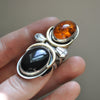 BLEMISHED - Size 8-8.5 - Gravedigger, Amber and Onyx, Sterling and Fine Silver Ring