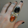 BLEMISHED - Size 8-8.5 - Gravedigger, Amber and Onyx, Sterling and Fine Silver Ring