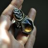 Size 7, Serpent's Cradle, Smoky Quartz, Sterling and Fine Silver and Brass
