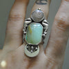 Size 7.5, Navigating by the Stars, Seahorse Mermaid Ring, Peruvian Blue Opal and Crystal Shell, Sterling and Fine Silver