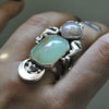 Size 7.5, Navigating by the Stars, Seahorse Mermaid Ring, Peruvian Blue Opal and Crystal Shell, Sterling and Fine Silver