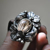 Size 7.5, Prickings, Rabbit Hair Quartz and clover, Sterling and Fine Silver