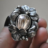 Size 7.5, Prickings, Rabbit Hair Quartz and clover, Sterling and Fine Silver